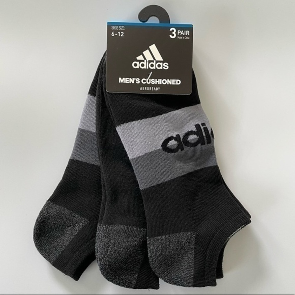 Adidas men’s no show socks 3 pack black gray size 6-12